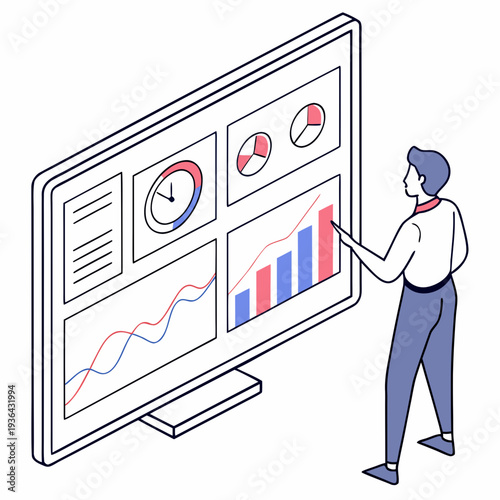 A man looking at a large computer monitor with graphs on it