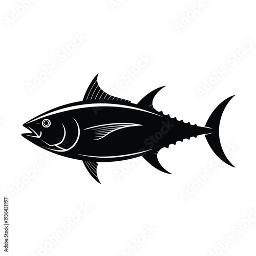 A sleek black silhouette of a tuna fish swimming gracefully