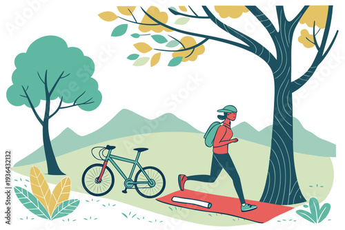 A person jogging on a path in a park with a bicycle