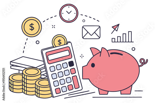 A pink piggy bank and a calculator with coins and graphs