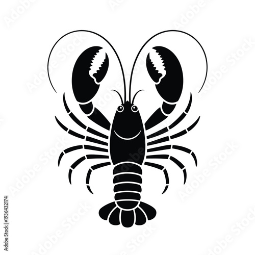 Stylized black and white illustration of a lobster facing forward