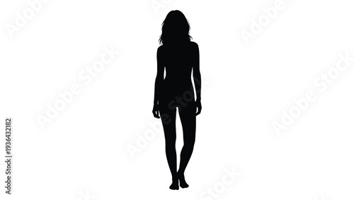 Silhouette of a woman standing with arms at her sides against a white background
