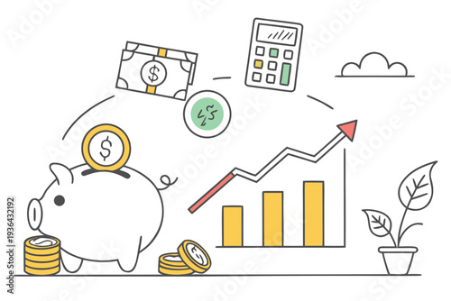 A piggy bank with a growing graph and money