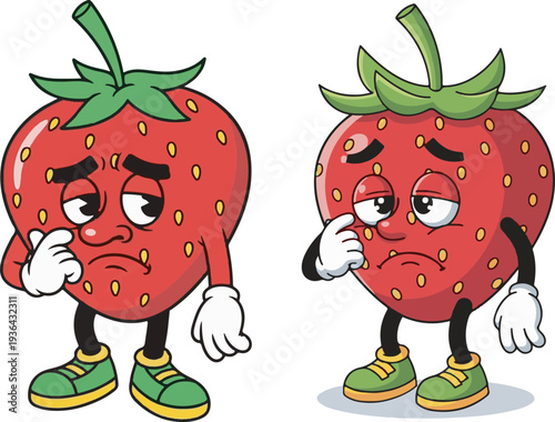 Sad Cartoon Strawberry Character Vector Illustration Set with Depressed Expression and Green Leaves, Perfect for Food-Related Designs and Children's Content