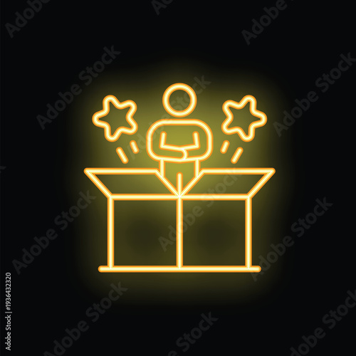 Neon sign of a businessman with his arms crossed, confidently standing in an open box with stars, symbolizing success and achievement