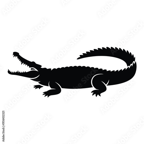Stylized black silhouette of an alligator or crocodile in a curved pose