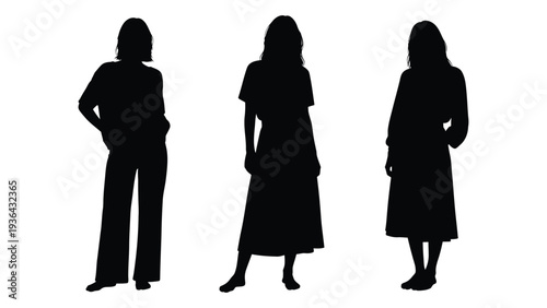 Three silhouettes of women standing against a stark white background