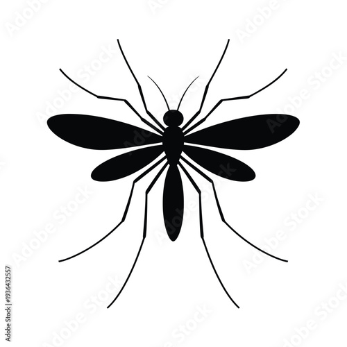 A simple black and white silhouette of a mosquito in flight