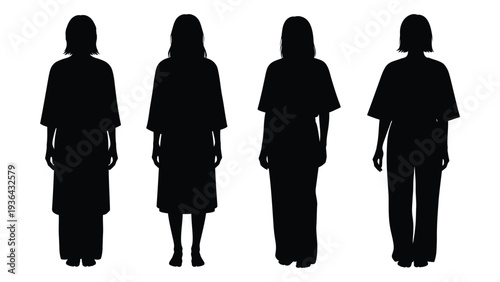 Four silhouetted figures of women progressing in hairstyle from long to short