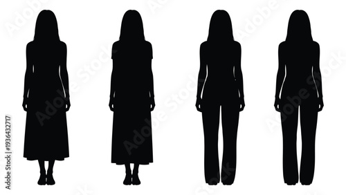 Four silhouetted figures of women standing in a row viewed from the front