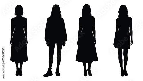 Four silhouetted women standing in a row each with different attire