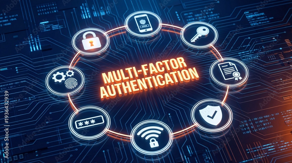 Obraz premium Multi factor authentication concept with icons on circuit board background cybersecurity and technology