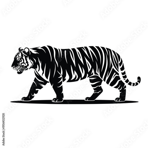 A striking black and white illustration of a walking tiger in profile