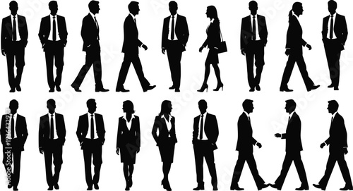 Set of business people silhouettes in suits standing and walking, professional men and women in formal corporate attire for office concepts.