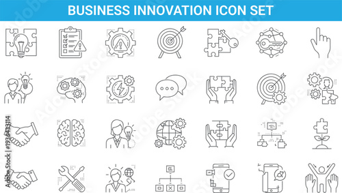 Business innovation icon set, problem solving strategy symbols, teamwork management, target achievement, digital workflow, creative solution vector illustration collection pack