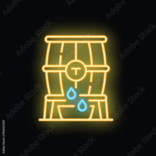 Bright yellow neon sign of a leaking tap water barrel on a wooden stand, with water drops