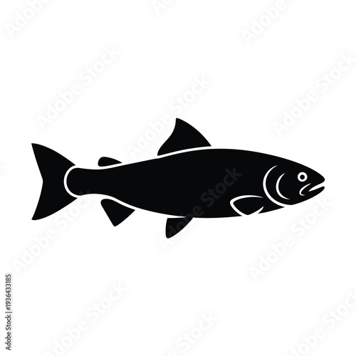 A minimalist black silhouette of a salmon fish on a white background