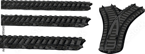 Railway track set with straight rails and curved switch junction isolated, detailed railroad infrastructure illustration for transportation and train route design