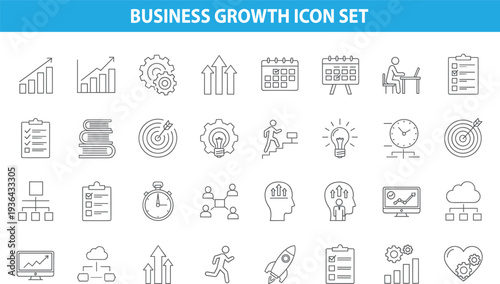 Business growth icon set, analytics strategy symbols, productivity planning elements, startup success concept, management workflow vector illustration collection pack