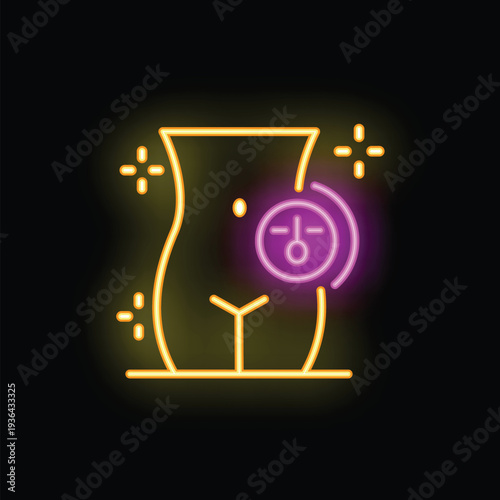 Neon sign representing the lower part of a woman's body experiencing menstrual pain with a thermometer showing high body temperature