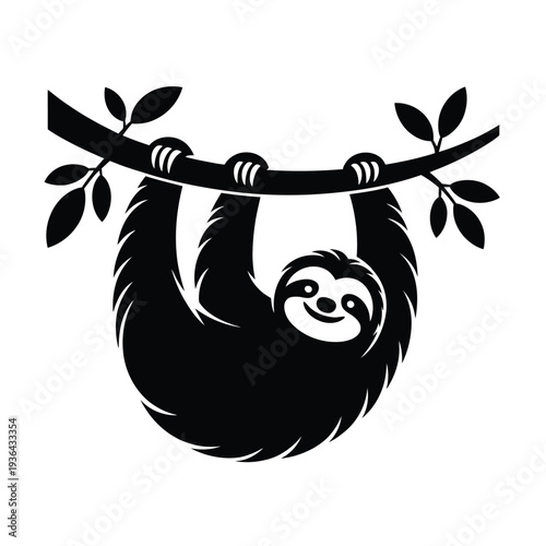 A black and white illustration of a smiling sloth hanging from a branch