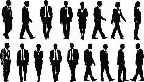 Set of business people silhouettes in suits standing and walking, professional men and women in formal corporate attire for office concepts.