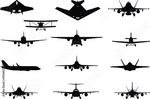 Airplane silhouette collection with multiple aircraft types and front views, aviation vector set including fighter jets and passenger planes