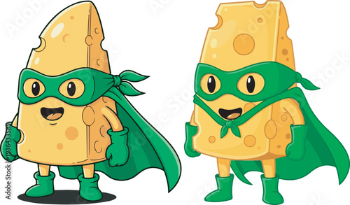 Cute Cartoon Cheese Superhero Character Vector Illustration Set with Green Mask and Cape, Standing and Posing, for Food Marketing and Kids' Designs