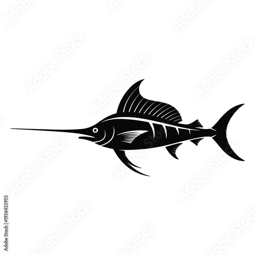 A striking black silhouette of a marlin swimming gracefully