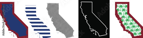 California state map vector set with stripes dots outline silhouette and palm pattern designs, modern decorative California map collection for branding