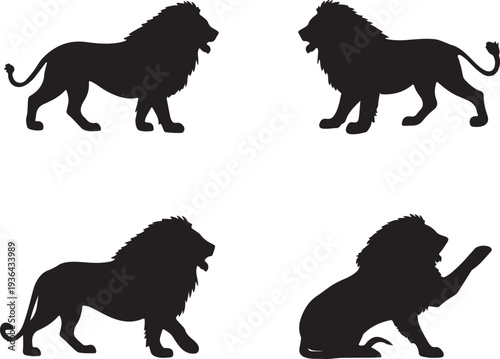 Four distinct silhouette poses of a majestic lion in various stances