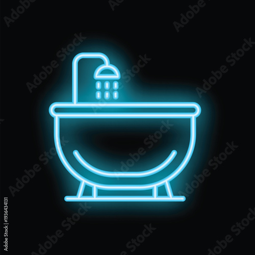Blue neon sign of a bathtub with shower head shining in the dark