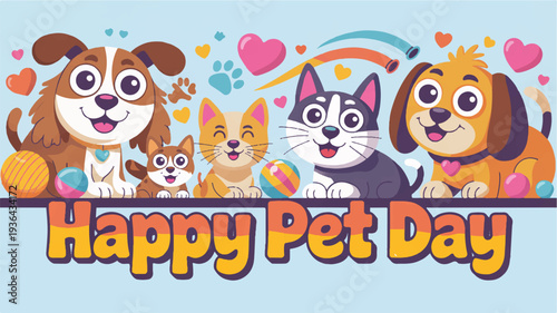 Happy pet day banner with cartoon dogs and cats on light blue background with rainbow and hearts