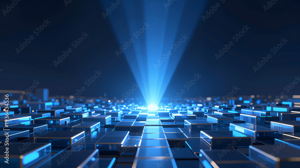 Obraz premium Futuristic Digital Data Pathway with Glowing Blue Cubes and Radiant Light Beams Leading Toward a Bright Central Point in a Tech-Themed 3d Render