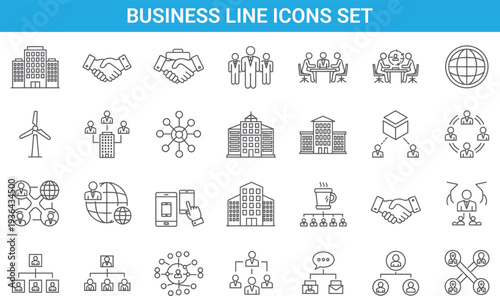 Business line icons set, corporate teamwork, networking, handshake, office buildings, global communication, leadership, collaboration, company management concepts