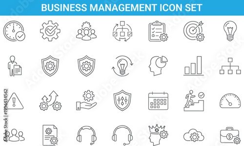 Business management icon set, outline style, workflow process, teamwork, strategy planning, productivity, analytics, security, growth, corporate symbols collection