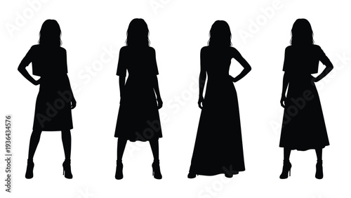 Four silhouettes of a woman in different poses and dress lengths