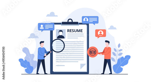 Professionals reviewing and editing a resume on a large digital clipboard with icons and graphics surrounding it in a modern workspace