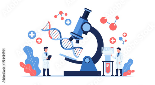 Scientists examining DNA structure through microscope in laboratory setting
