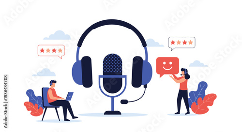 People interacting with a large microphone and headphones, surrounded by feedback and rating symbols in a relaxed environment from a front viewpoint