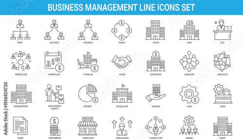 Business management line icons set, corporate teamwork leadership office finance partnership, company structure, enterprise strategy, professional organization collection