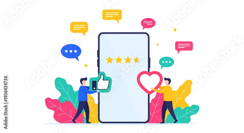 People interacting with a large smartphone displaying a five-star rating surrounded by colorful speech bubbles and thumbs up