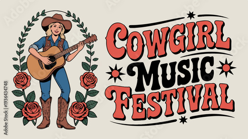 Country music festival poster with cowboy playing guitar surrounded by roses and leaves on beige background