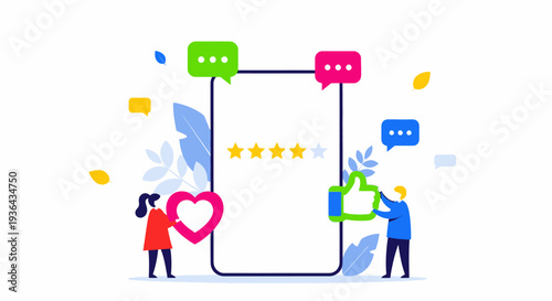 People interacting with a large smartphone displaying a heart and rating symbols amidst floating speech bubbles and abstract shapes
