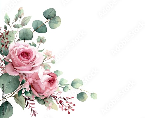 Watercolor illustration of pink roses and eucalyptus leaves on a white background