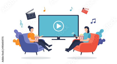 Two people relaxing on colorful chairs watching a video on a large screen surrounded by entertainment icons