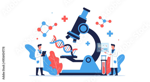 Scientists examine DNA helix with microscope in laboratory setting from a detailed viewpoint