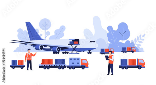 Logistics and transportation illustration showing workers coordinating cargo loading and unloading from trucks and an airplane