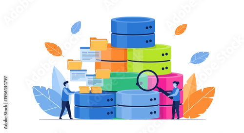 People analyzing data storage servers with magnifying glass in a digital workspace surrounded by colorful databases and leaves