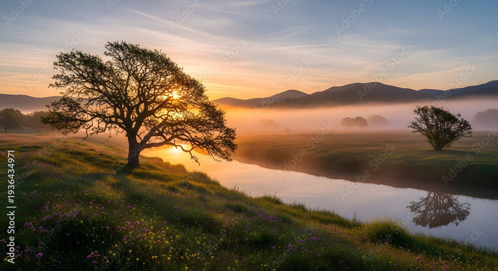 Fototapeta premium Golden Hour Sunrise Illuminates Mist-Covered River Valley with Majestic Oak Tree and Rolling Hills